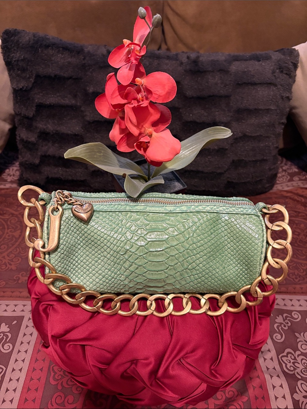 Juicy Couture Green Snake-Embossed Chain-Accent Shoulder Bag